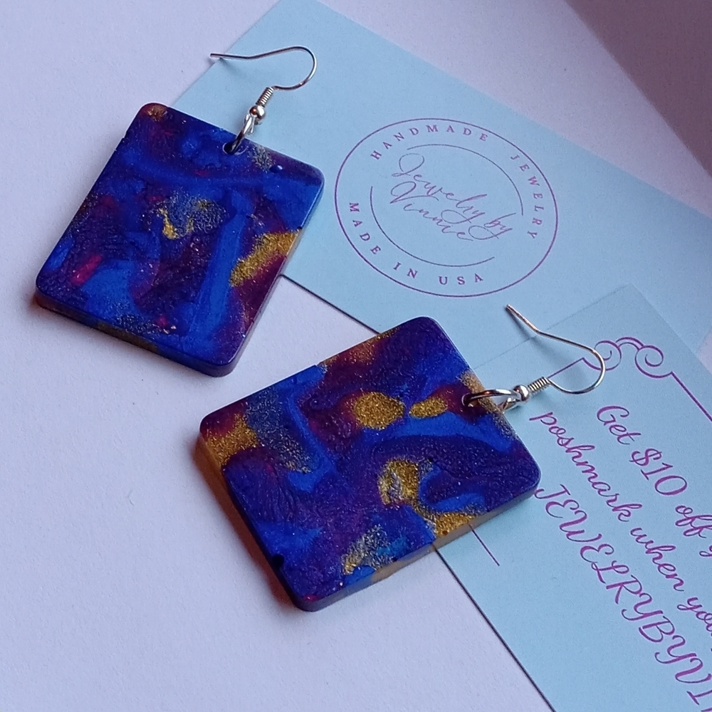 Hand Crafted Blue and Gold Artistic Earrings - Picture 2 of 6